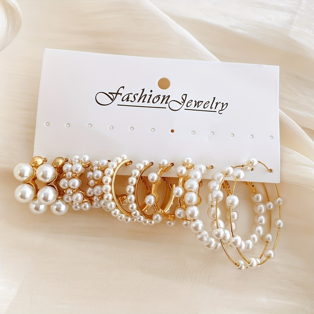 Pearl Radiance Collection: Elegant 6 Pairs Golden Hoop Earrings - Picture 6 of 6